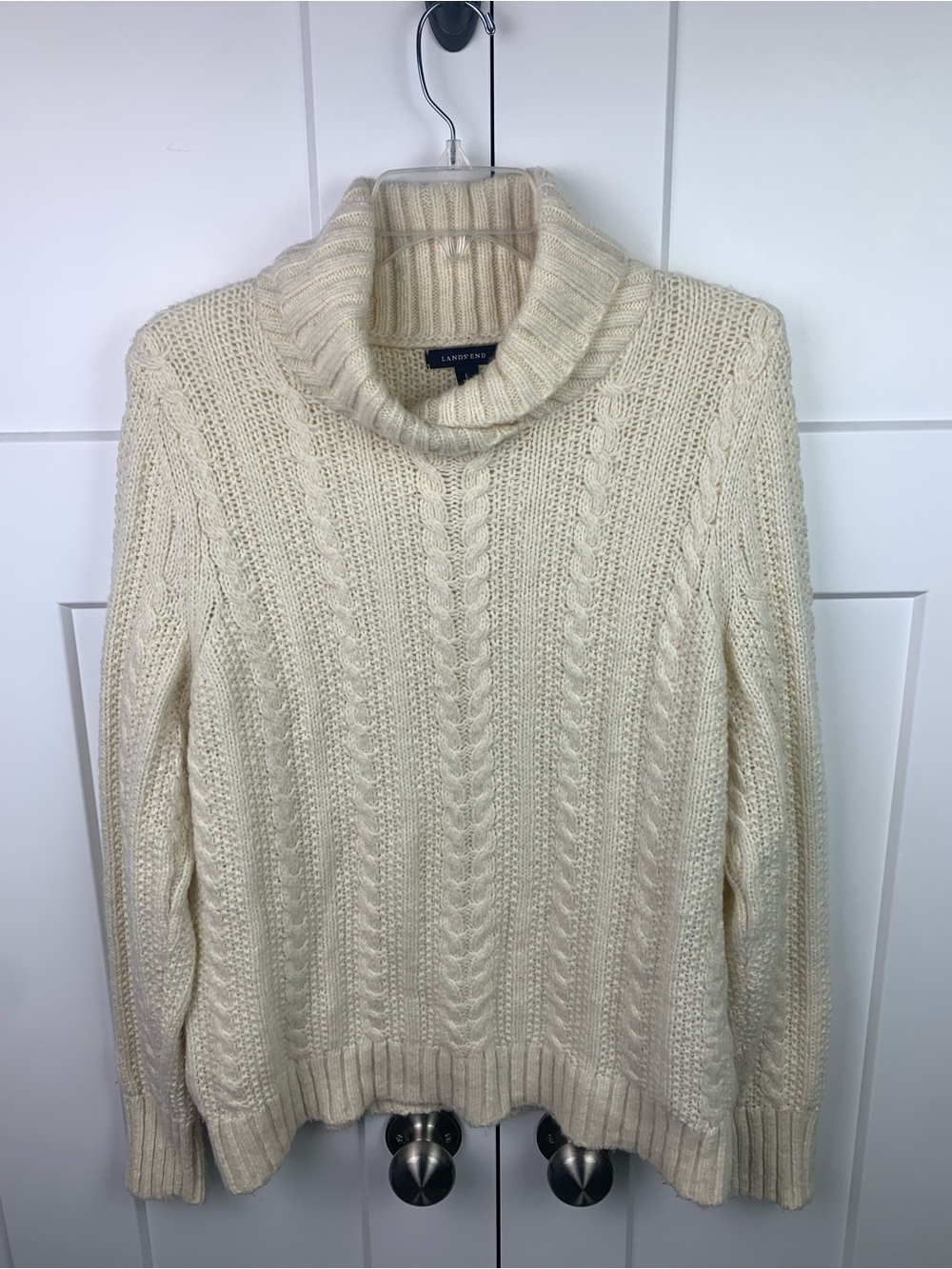 Lands' End Large Ivory Cable Knit Cowl Neck Pullover Sweater Long Sleeve
